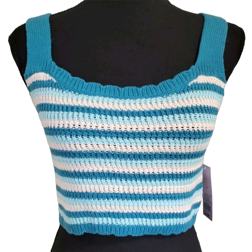 NWT Wild Fable Knitted Teal & White Striped Boho Crop Top